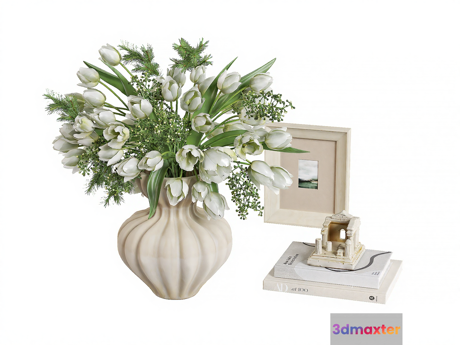 White Vase With Flowers 3D Model - 12336 - VRAY Render