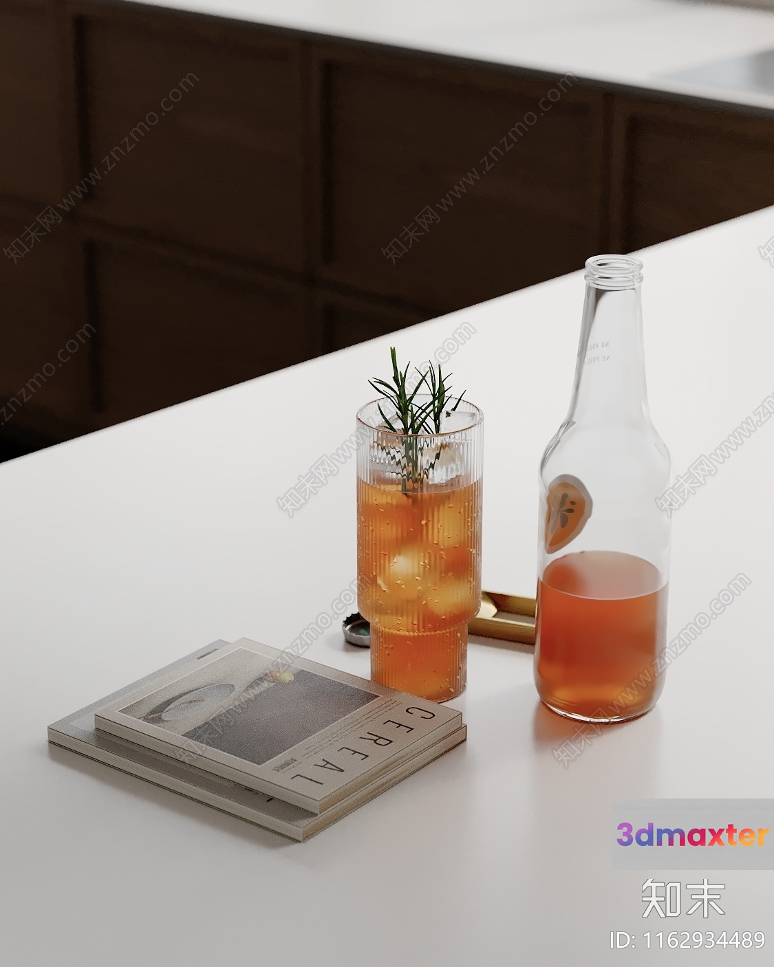 A Glass Of Orange Liquid With A Sprig Of Rosemary A Bottle 3D Model - 22805 - VRAY Render