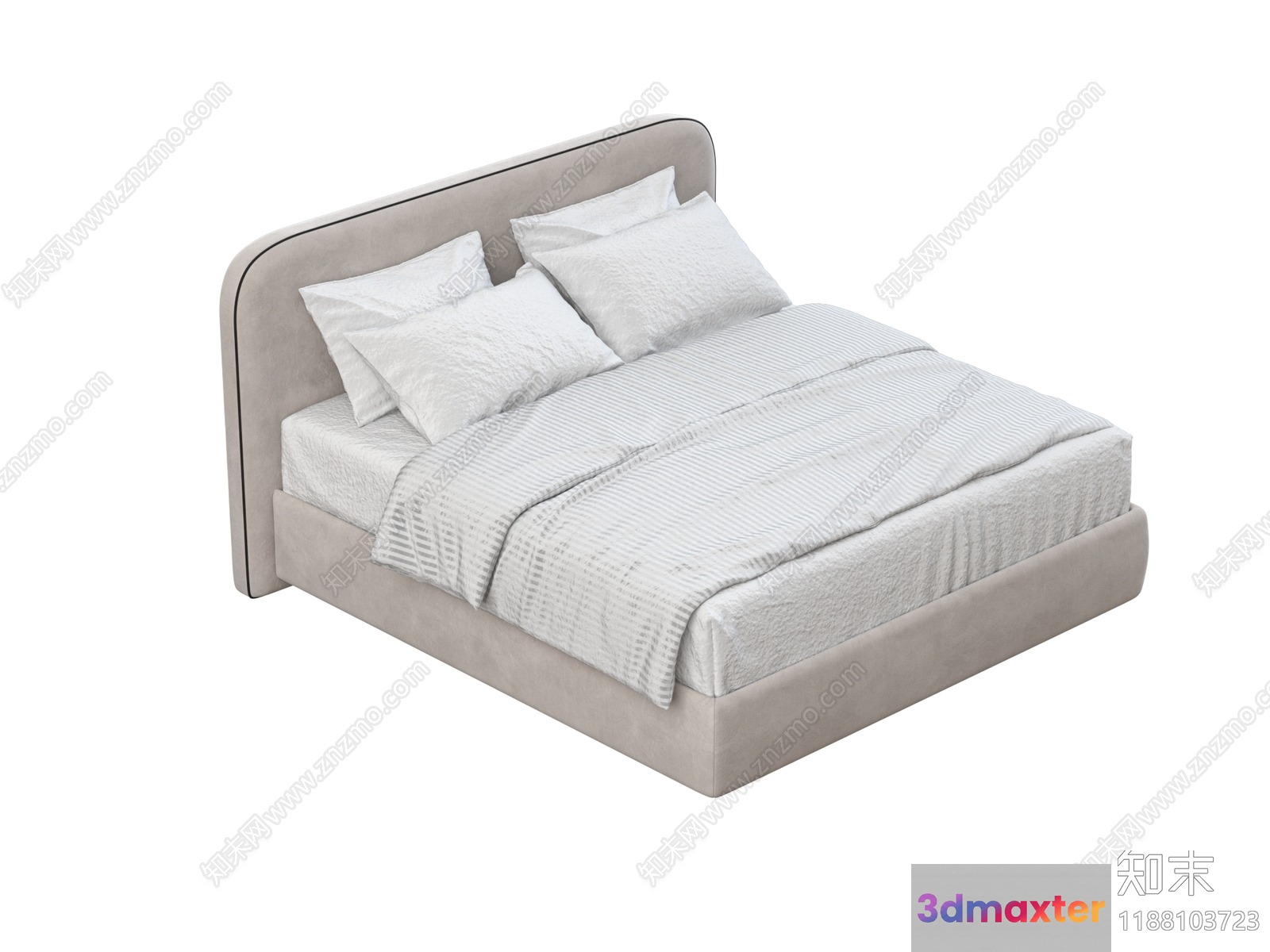 A Bed With A Gray Headboard And White Bedding 3D Model - 10894 - VRAY Render