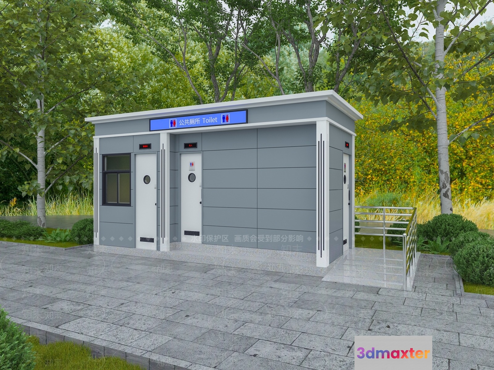 A Small Gray Building With A Sign That Reads Toilet In 3D Model - 17736 - VRAY Render