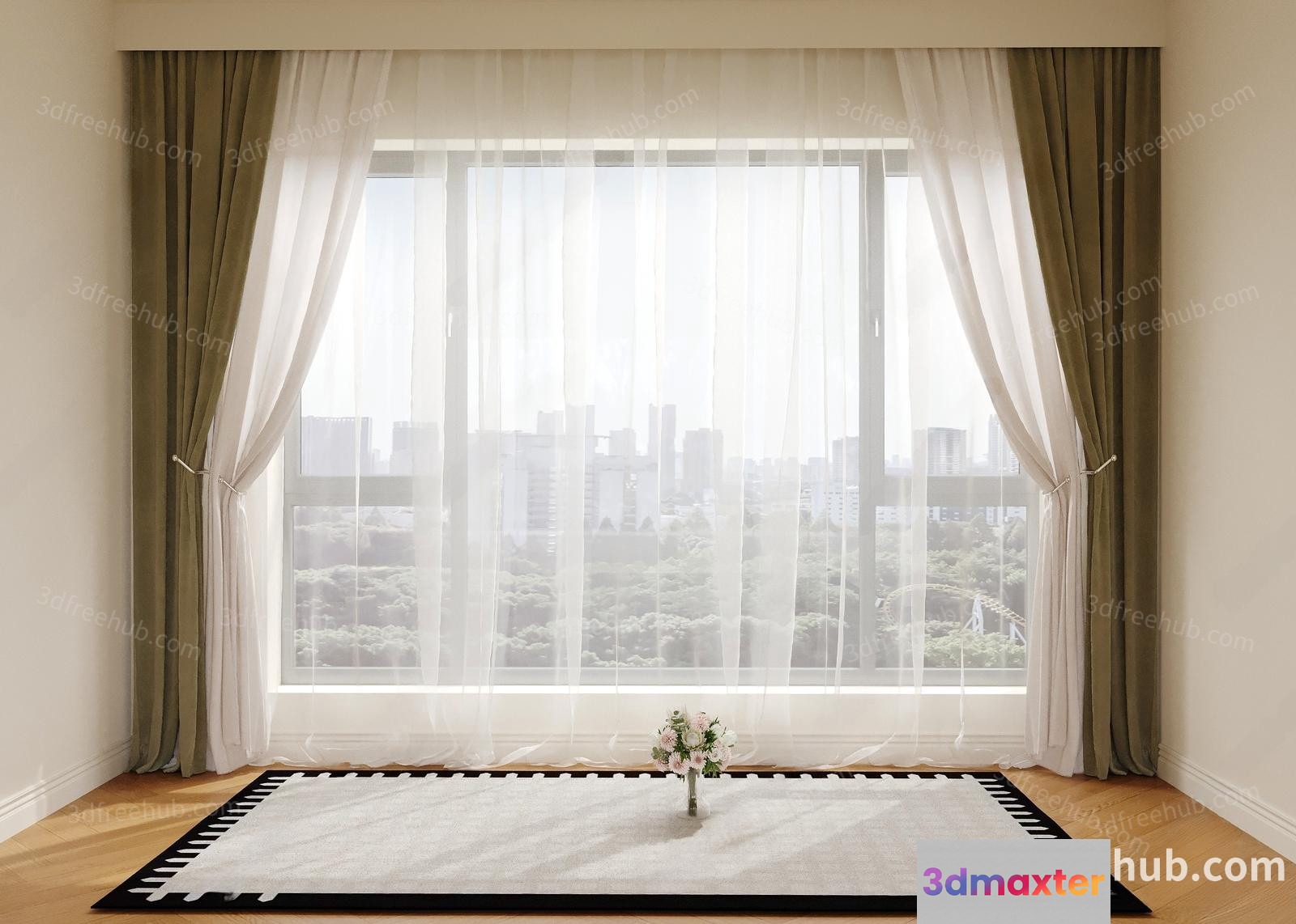 A Large Window With White Curtains 3D Model - 19637 - VRAY Render