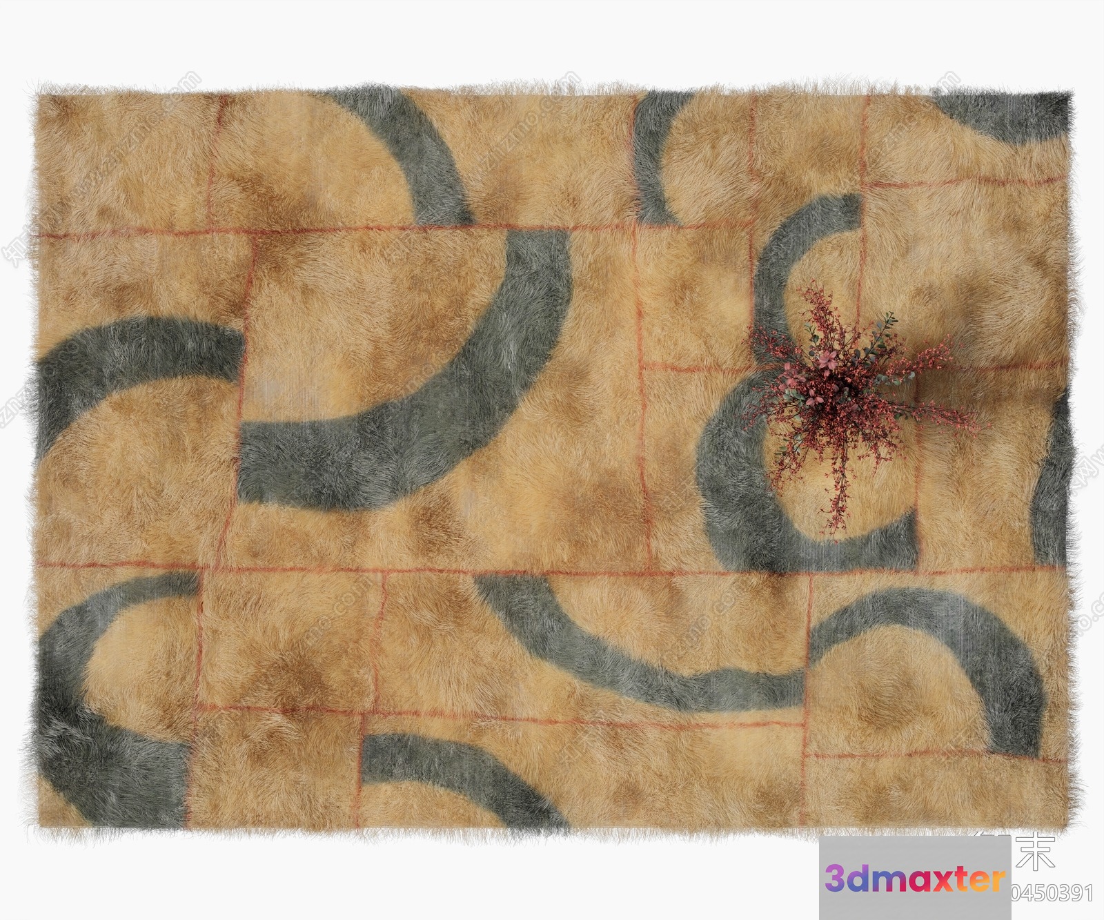 Fuzzy Beige Rug With Gray Swirls And A Red Flower In The Corner 3D Model - 226 - VRAY Render