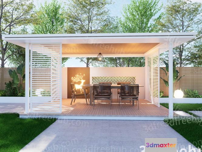 A White Pergola With A Dining Table 3D Model - 18954 - VRAY Render