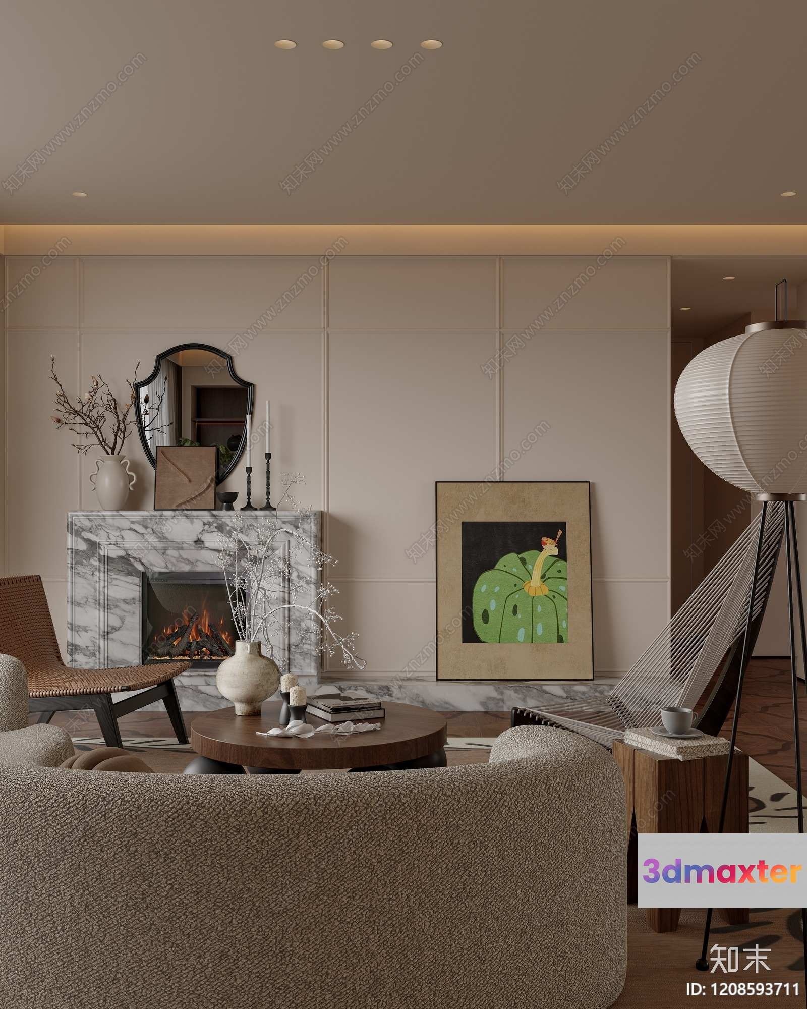 A Living Room With A Fireplace 3D Model - 212 - VRAY Render