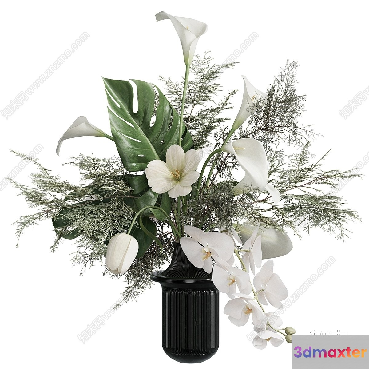 A Black Vase With White Flowers And Greenery 3D Model - 15982 - VRAY Render