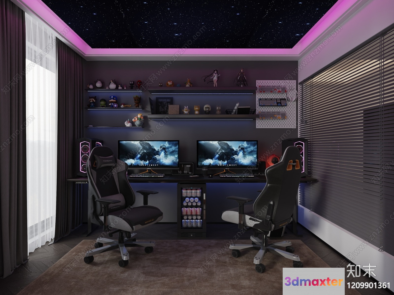 A Gaming Room With A Desk And Two Chairs 3D Model - 22821 - VRAY Render