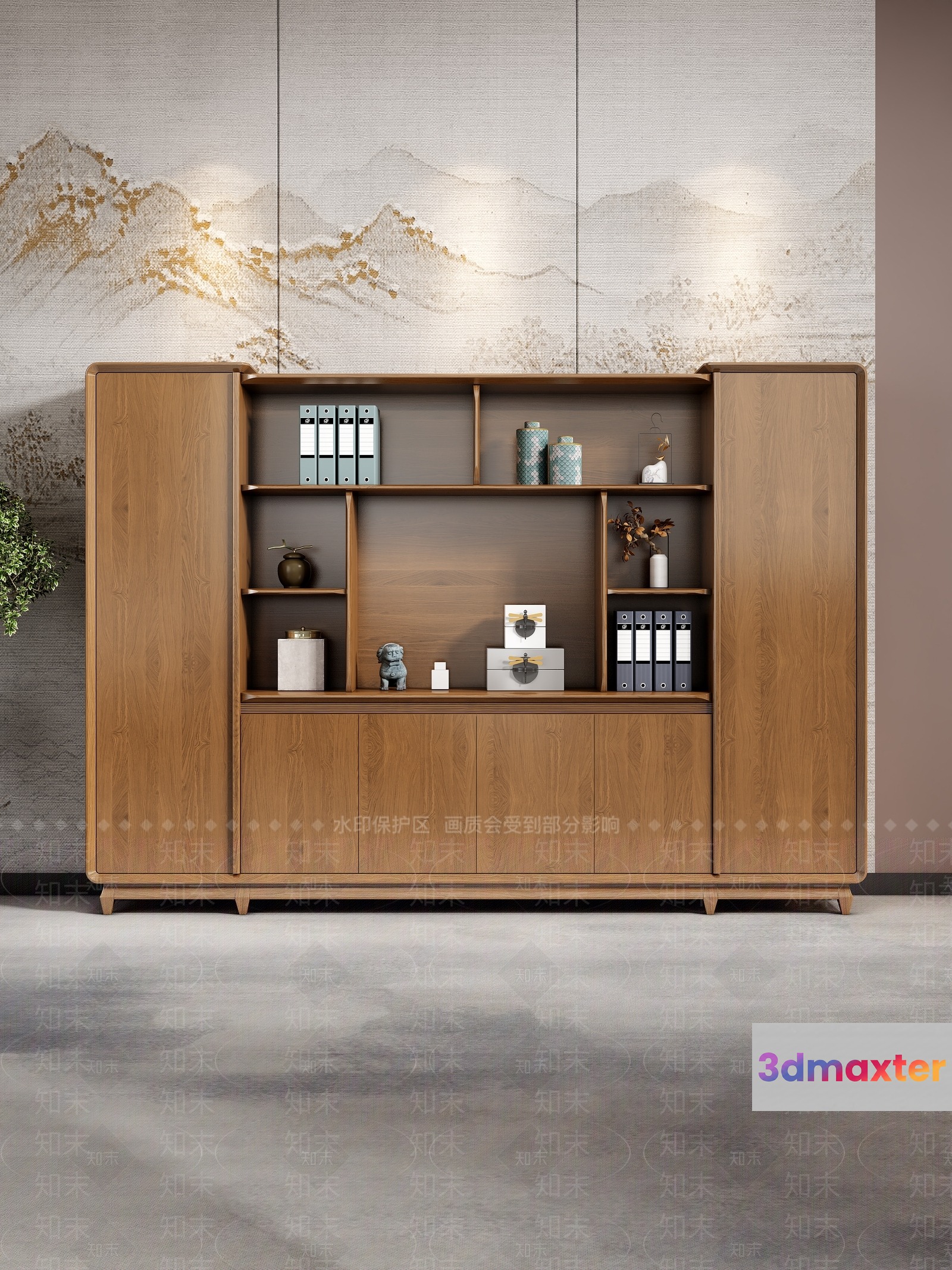 A Wooden Bookcase With Shelves And Cabinets 3D Model - 1294 - VRAY Render