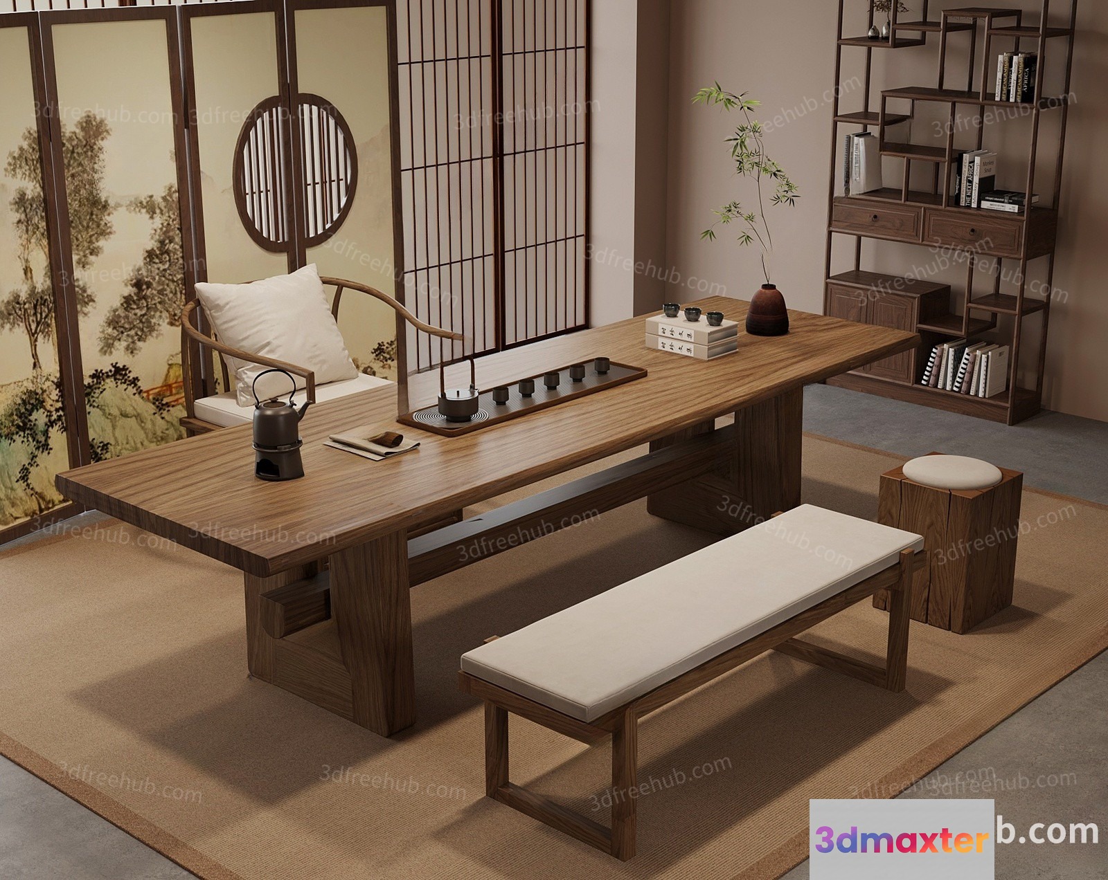 A Japanese-Style Room With A Wooden Table And Bench 3D Model - 21483 - VRAY Render
