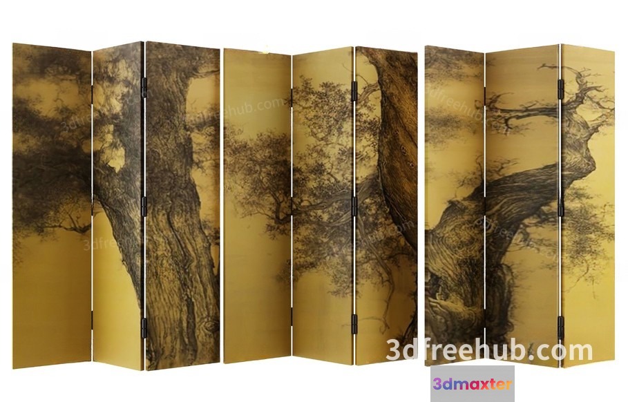 A Large Folding Screen With A Tree Design 3D Model - 19933 - VRAY Render