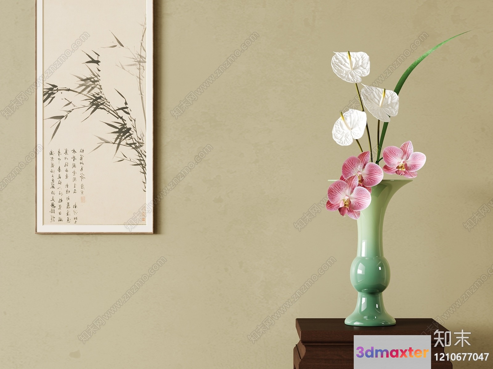 A Green Vase With Pink And White Flowers 3D Model - 4818 - VRAY Render