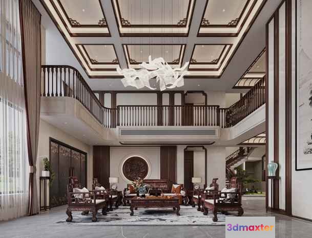 Modern High-Ceilinged Living Room 3D Model - 3412 - VRAY Render