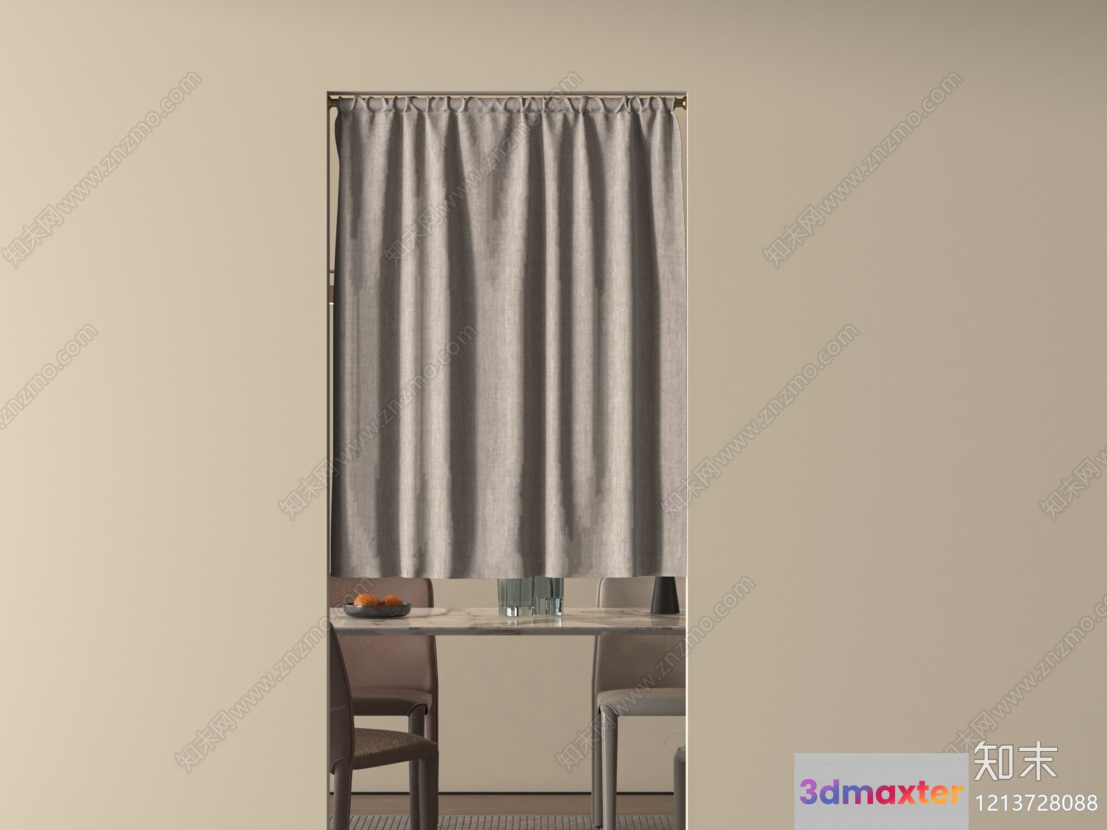 A Dining Table With Chairs And A Curtain 3D Model - 16080 - VRAY Render