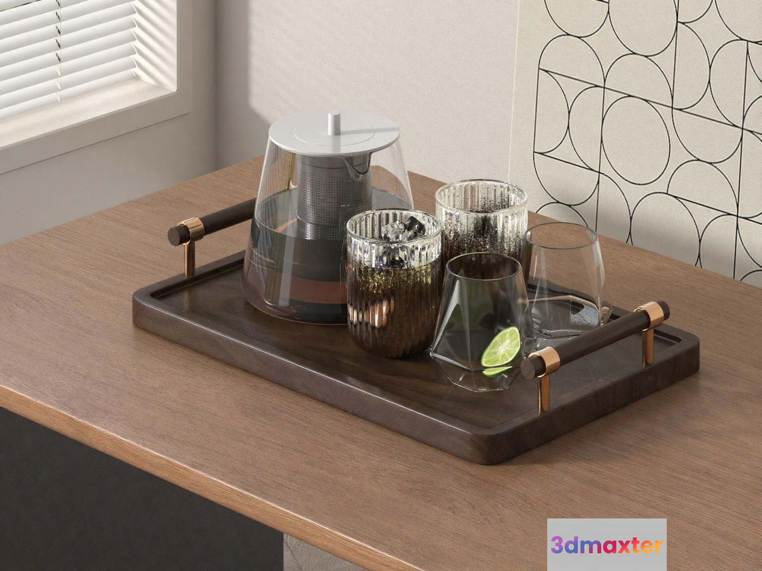 A Tray With Glasses And A Kettle 3D Model - 22081 - VRAY Render