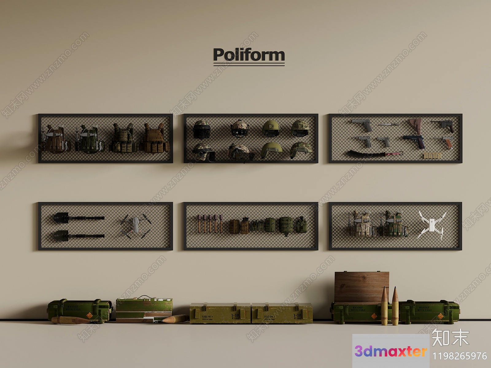 A Collection Of Military Items 3D Model - 20088 - VRAY Render