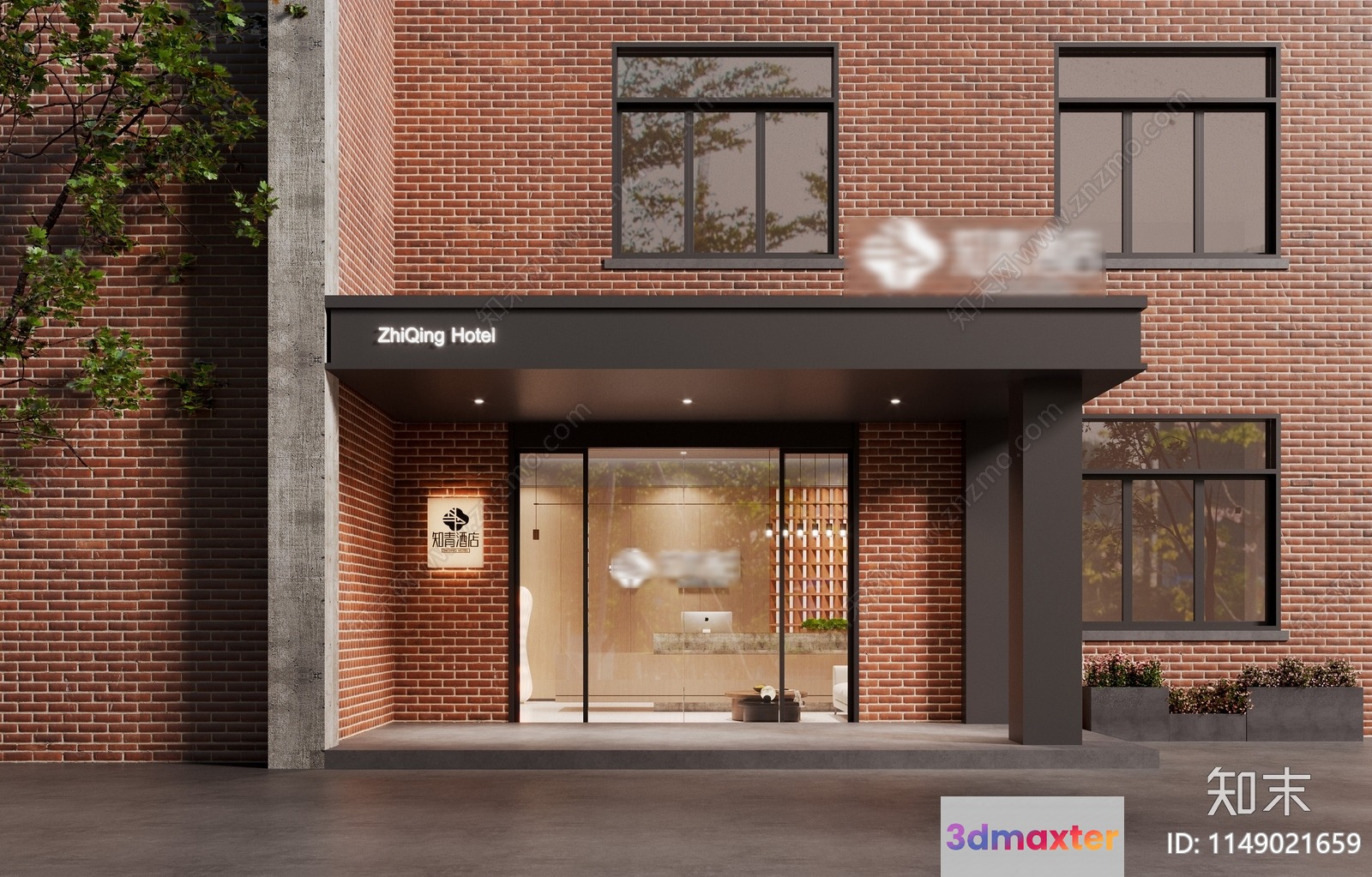 A Brick Building With A Modern Hotel Entrance 3D Model - 4943 - VRAY Render