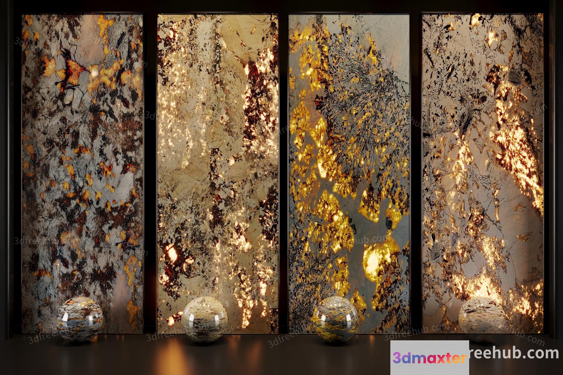 A Wall With Four Panels Of Marble-Like Artwork And Glass Orbs 3D Model - 21320 - VRAY Render