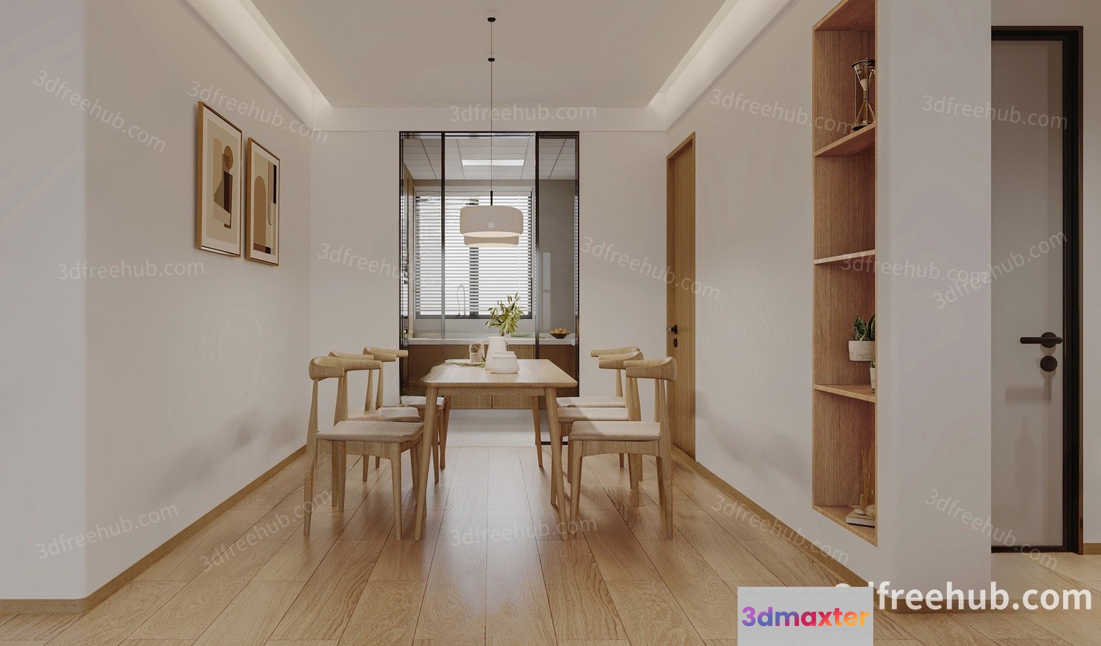 A Modern Dining Room With A Wooden Table And Chairs 3D Model - 21182 - VRAY Render