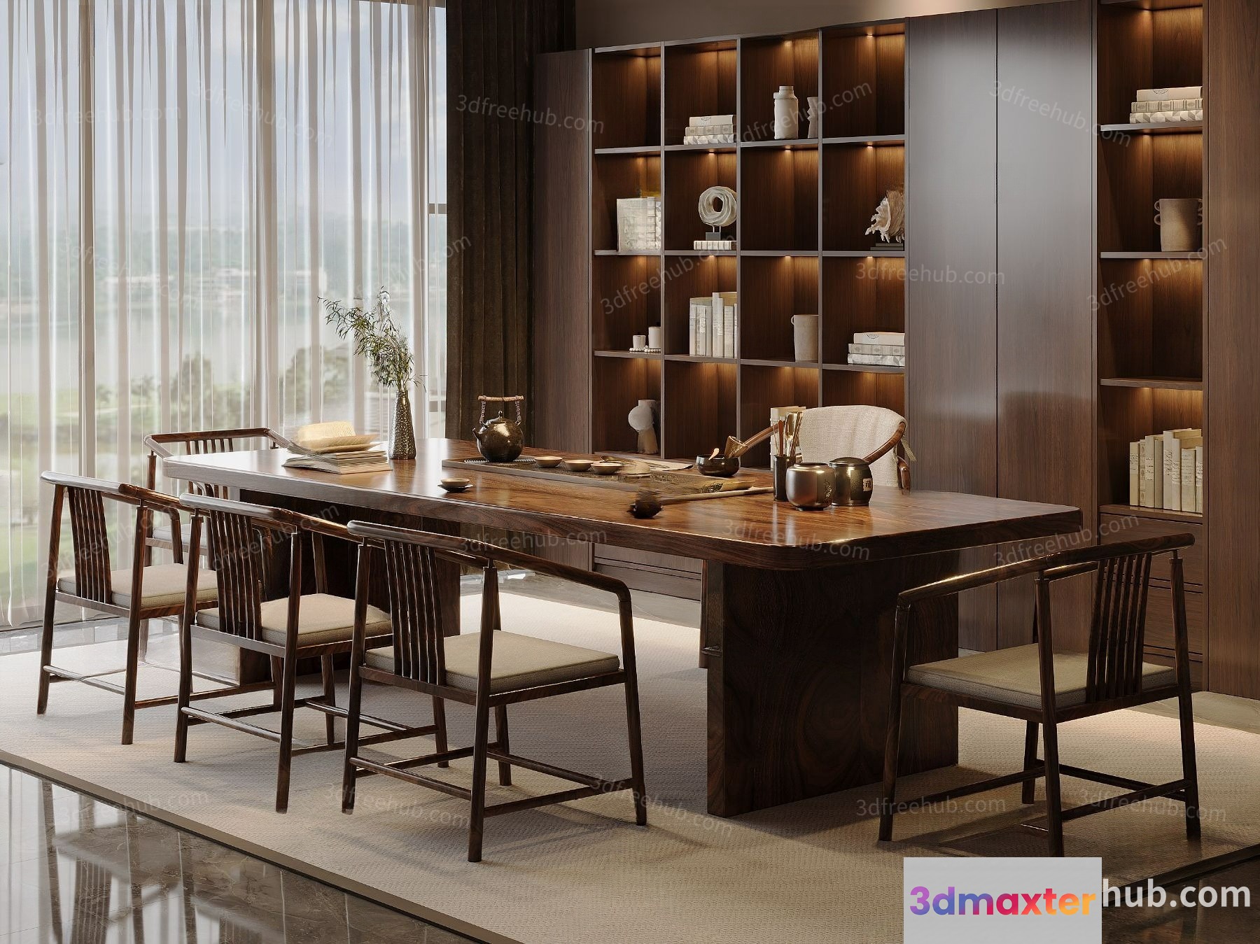 A Large Wooden Table With Chairs 3D Model - 21208 - VRAY Render