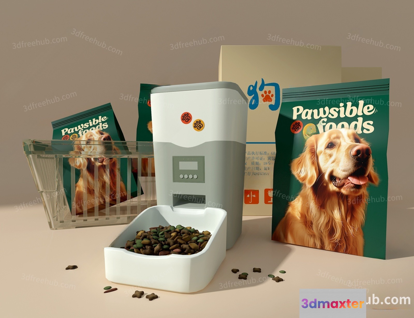 A Dog Food Dispenser With A Dog On The Packaging 3D Model - 21080 - VRAY Render
