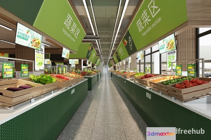 A Grocery Store With A Green Theme 3D Model - 23606 - VRAY Render