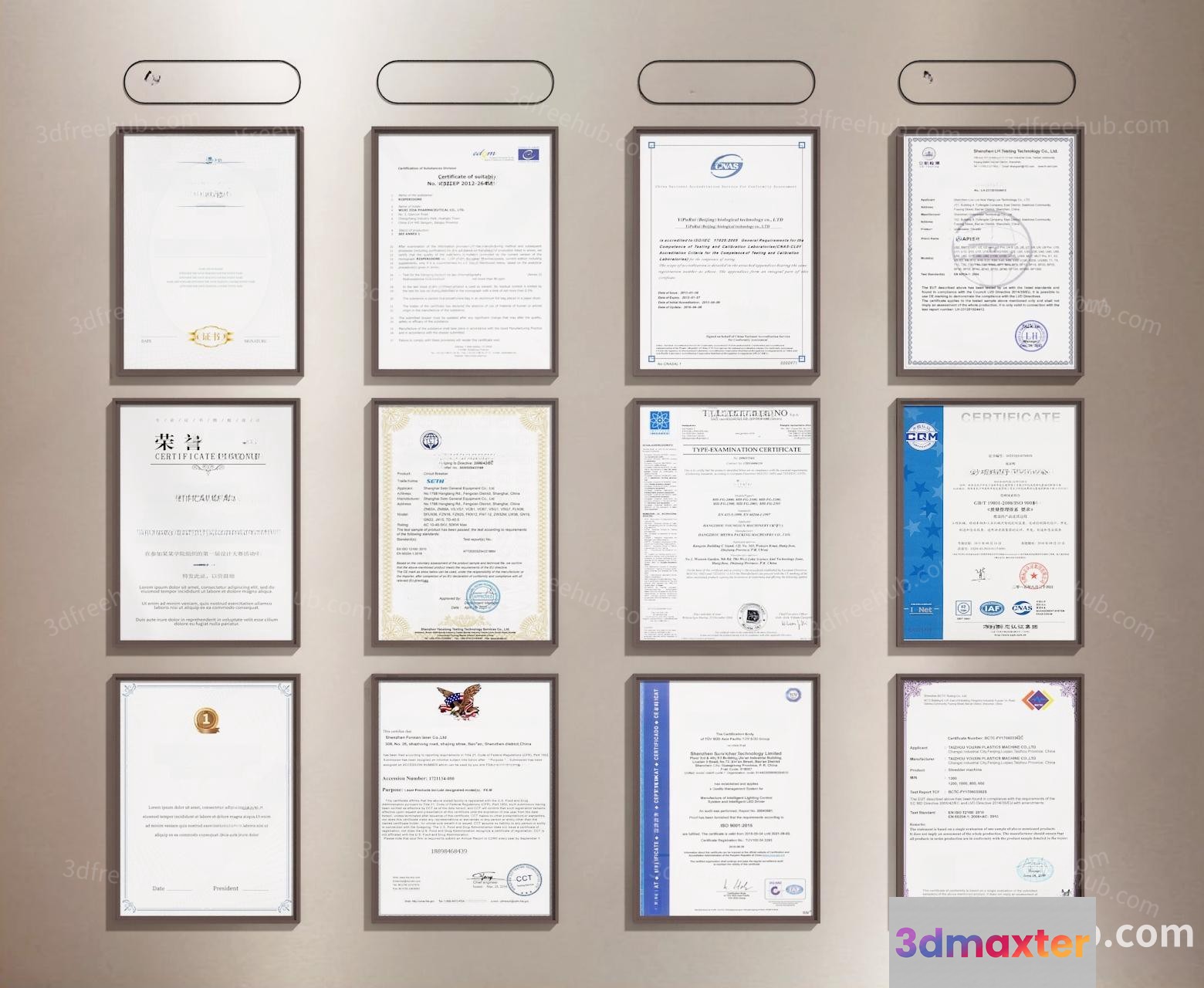 Certificates On A Wall 3D Model - 21578 - VRAY Render