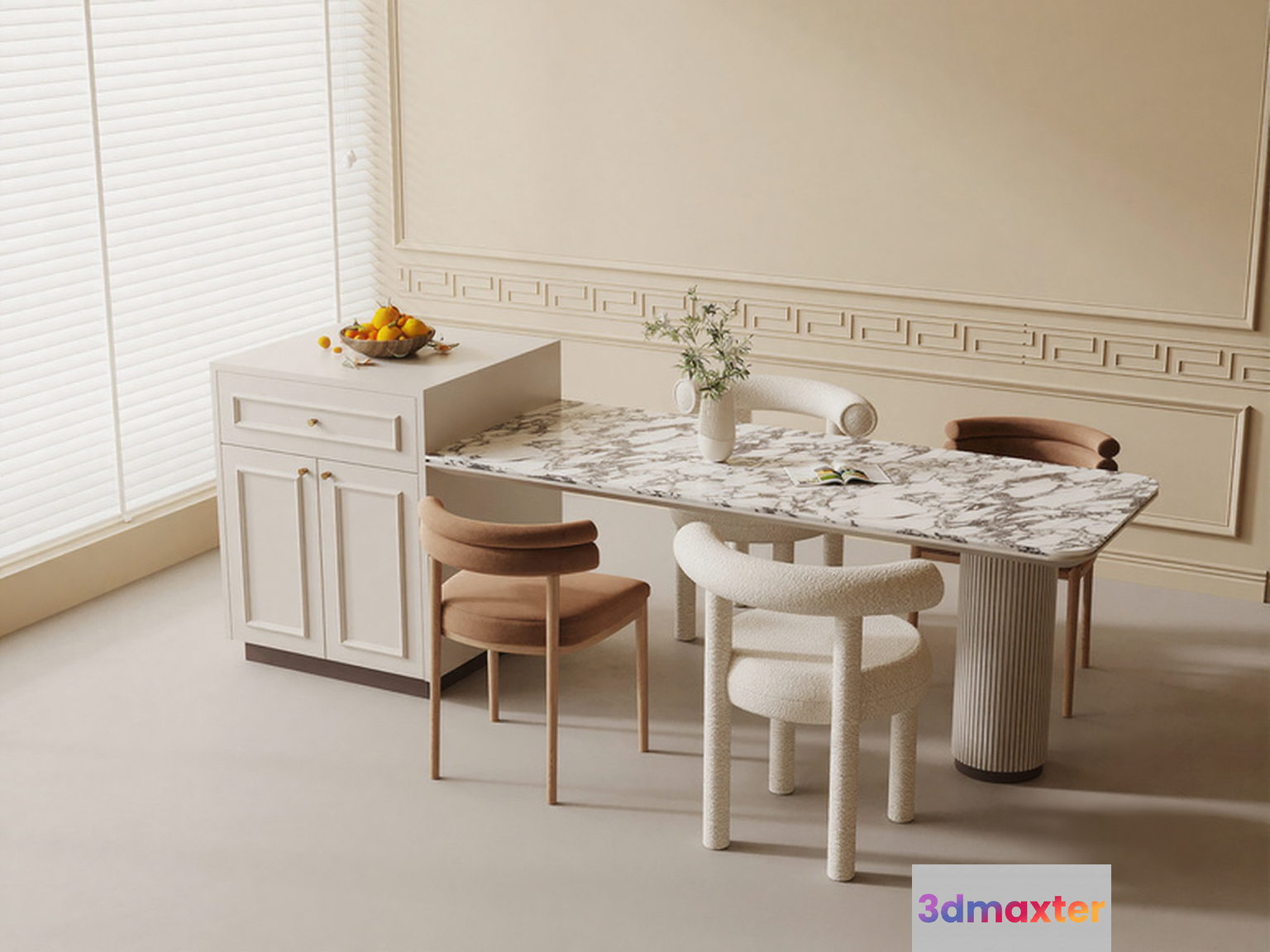 A White Marble Dining Table 3D Model - 17903 - VRAY Render
