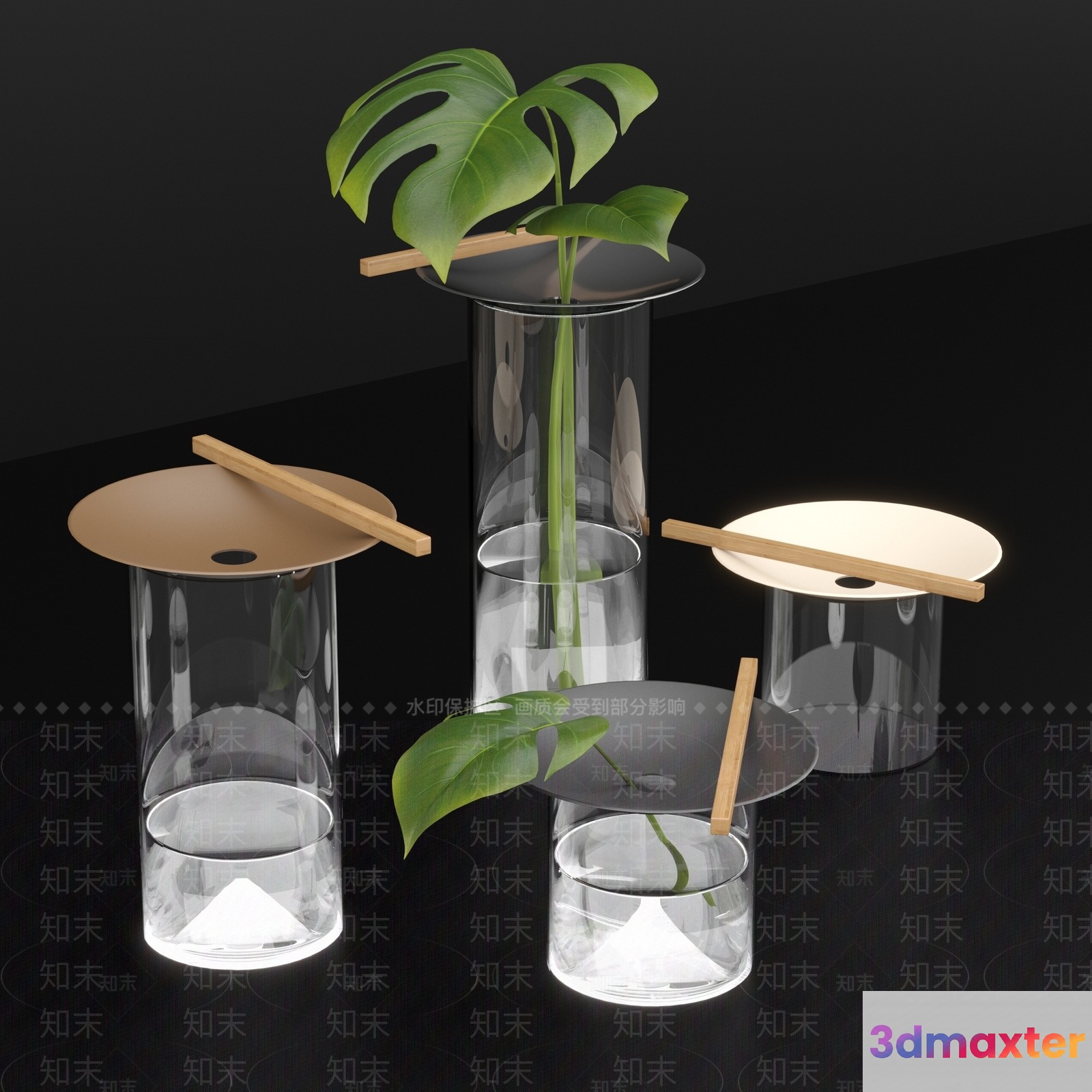 Modern Glass Vases With Wooden Accents 3D Model - 14442 - VRAY Render