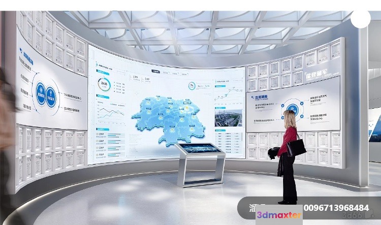 A Woman Standing In A Room With A Large Wall Of Screens 3D Model - 278 - VRAY Render