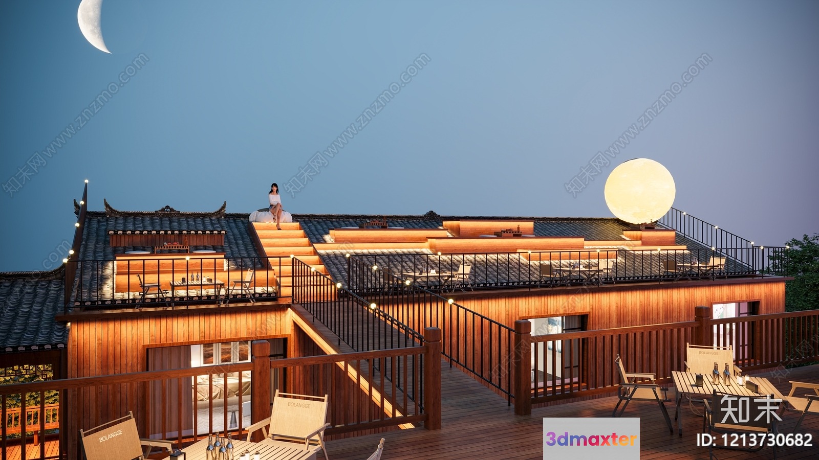 The Main Subject Is A Large Wooden Building With A Deck And Railing 3D Model - 12561 - VRAY Render