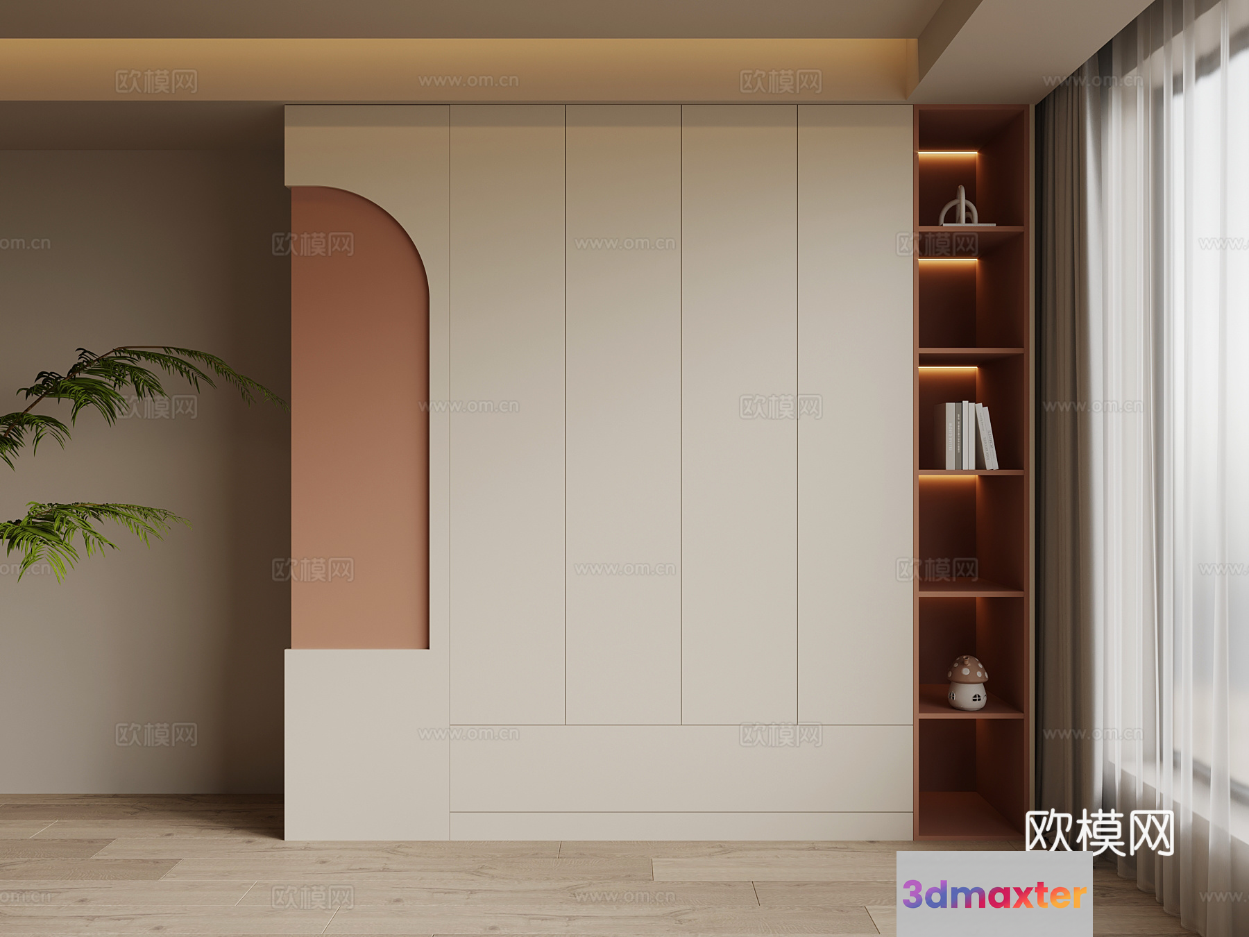 A White Wall With Shelves And A Plant 3D Model - 17665 - VRAY Render