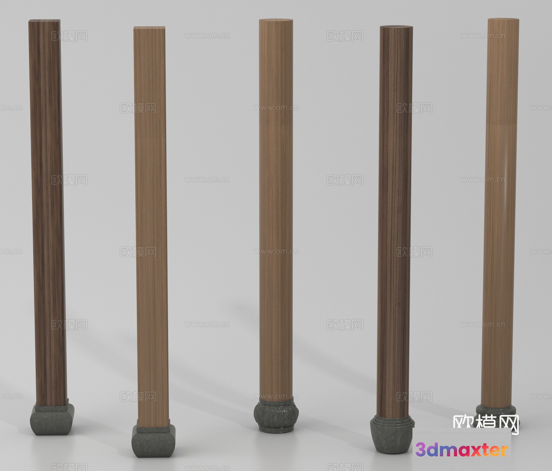 Five Wooden Poles With Gray Bases 3D Model - 23421 - VRAY Render