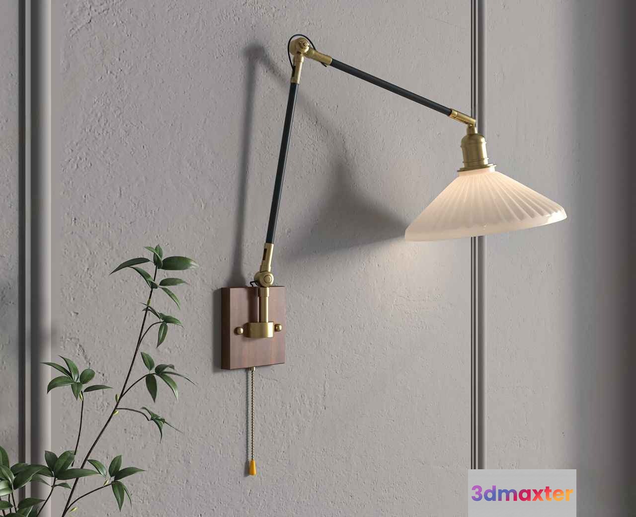 A Wall-Mounted Lamp With A White Shade And Gold Accents 3D Model - 10063 - VRAY Render