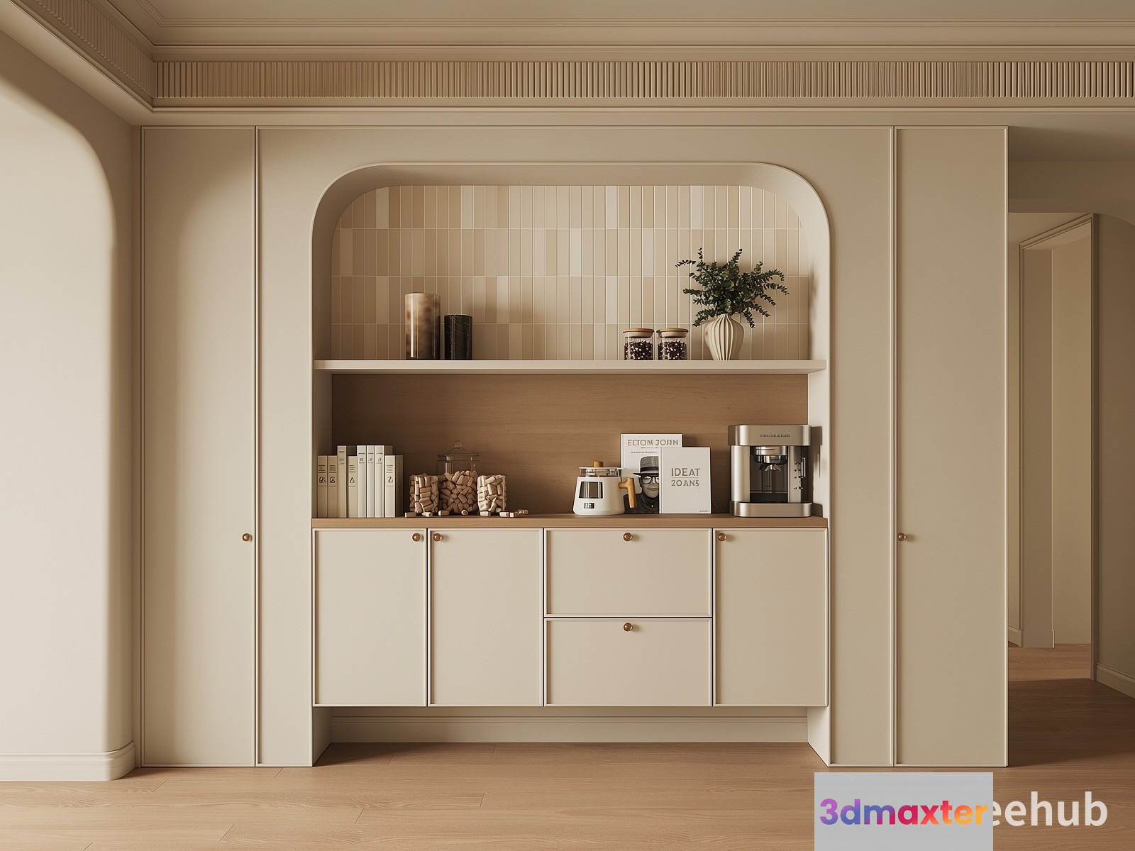 A White Kitchen Cabinet With A Coffee Maker 3D Model - 19693 - VRAY Render