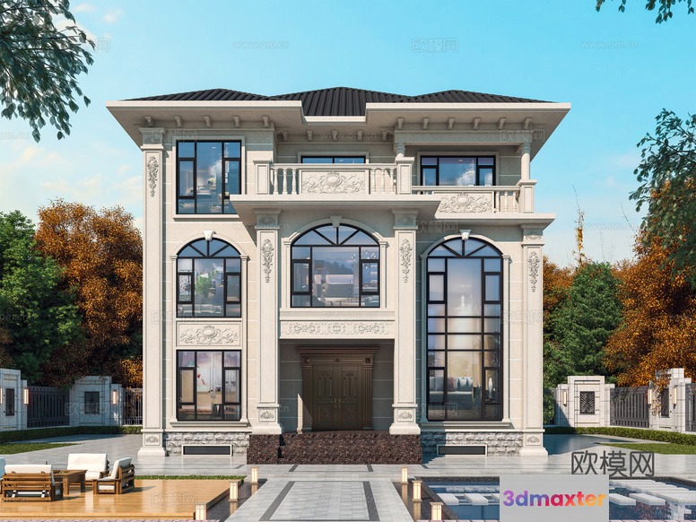 A Large House With A Pool 3D Model - 19492 - VRAY Render