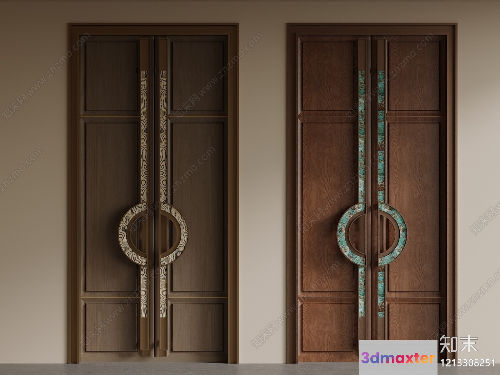 Two Wooden Doors With Decorative Handles 3D Model - 7585 - VRAY Render