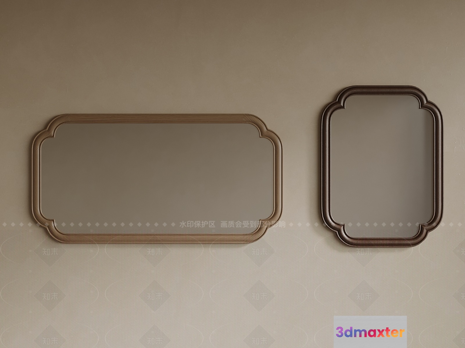 A Wall-Mounted Mirror With A Rectangular Shape And A Brown Frame 3D Model - 9251 - VRAY Render