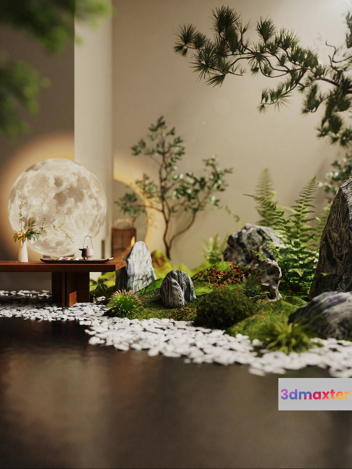 A Serene Indoor Garden With A Large Moon Sculpture 3D Model - 1096 - VRAY Render