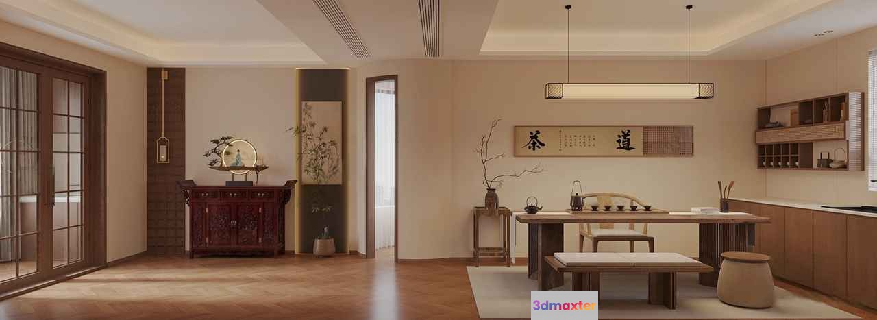 A Minimalist Room With A Table And Bench 3D Model - 3210 - VRAY Render