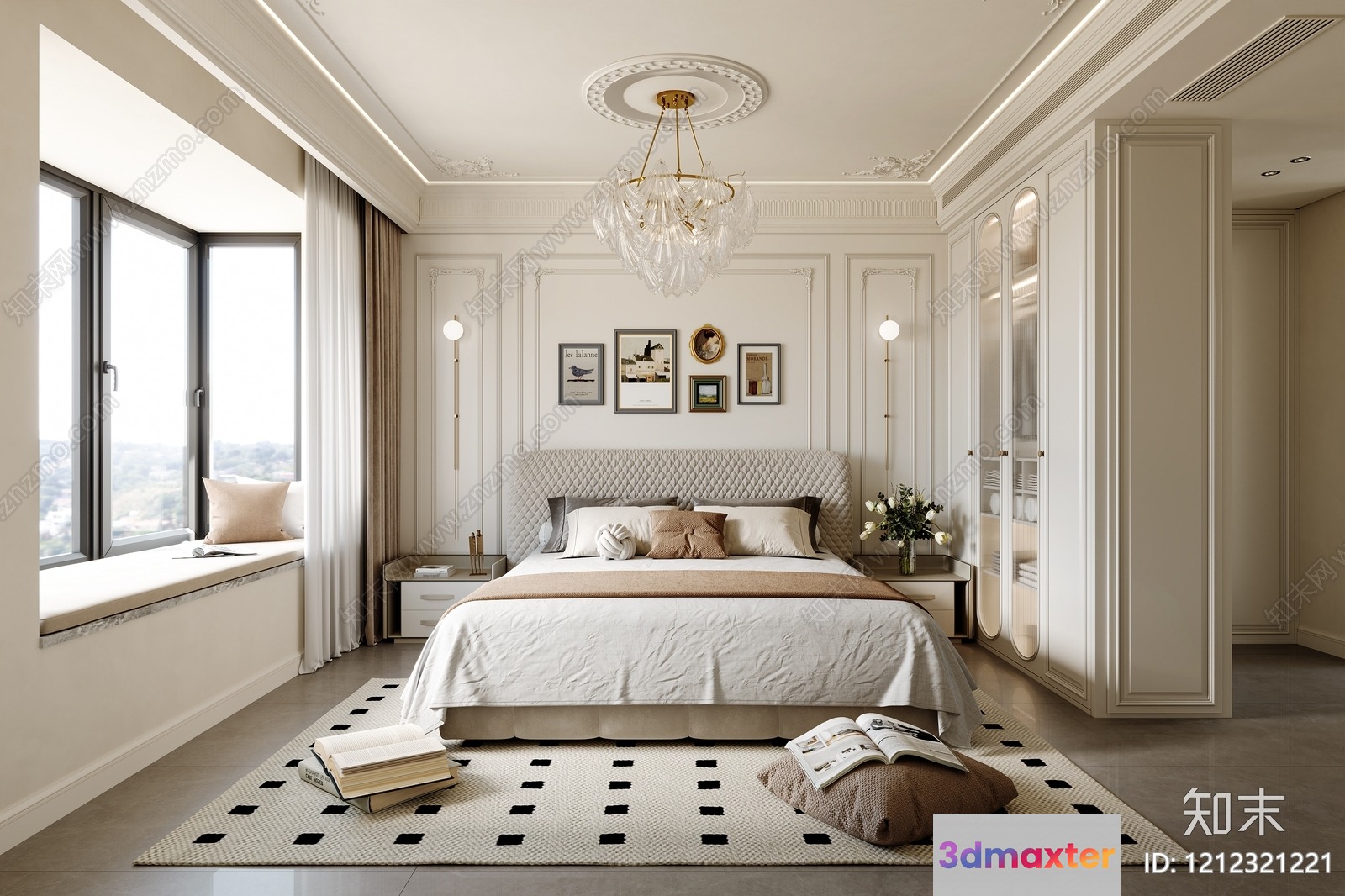 A Beige Bedroom With A Bed And A Window Seat 3D Model - 4819 - VRAY Render