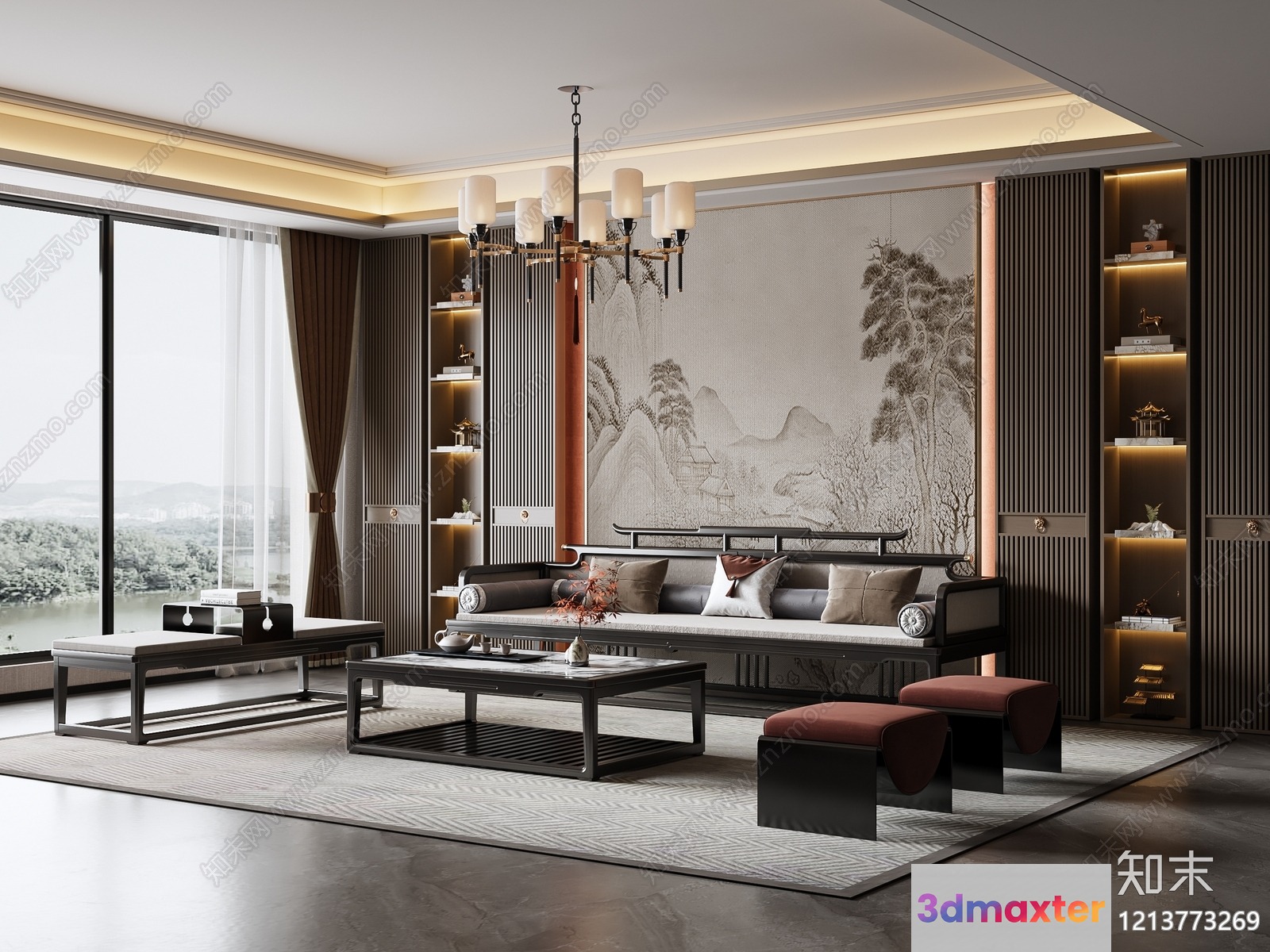 Modern Chinese Living Room 3D Model - 16268 - VRAY Render