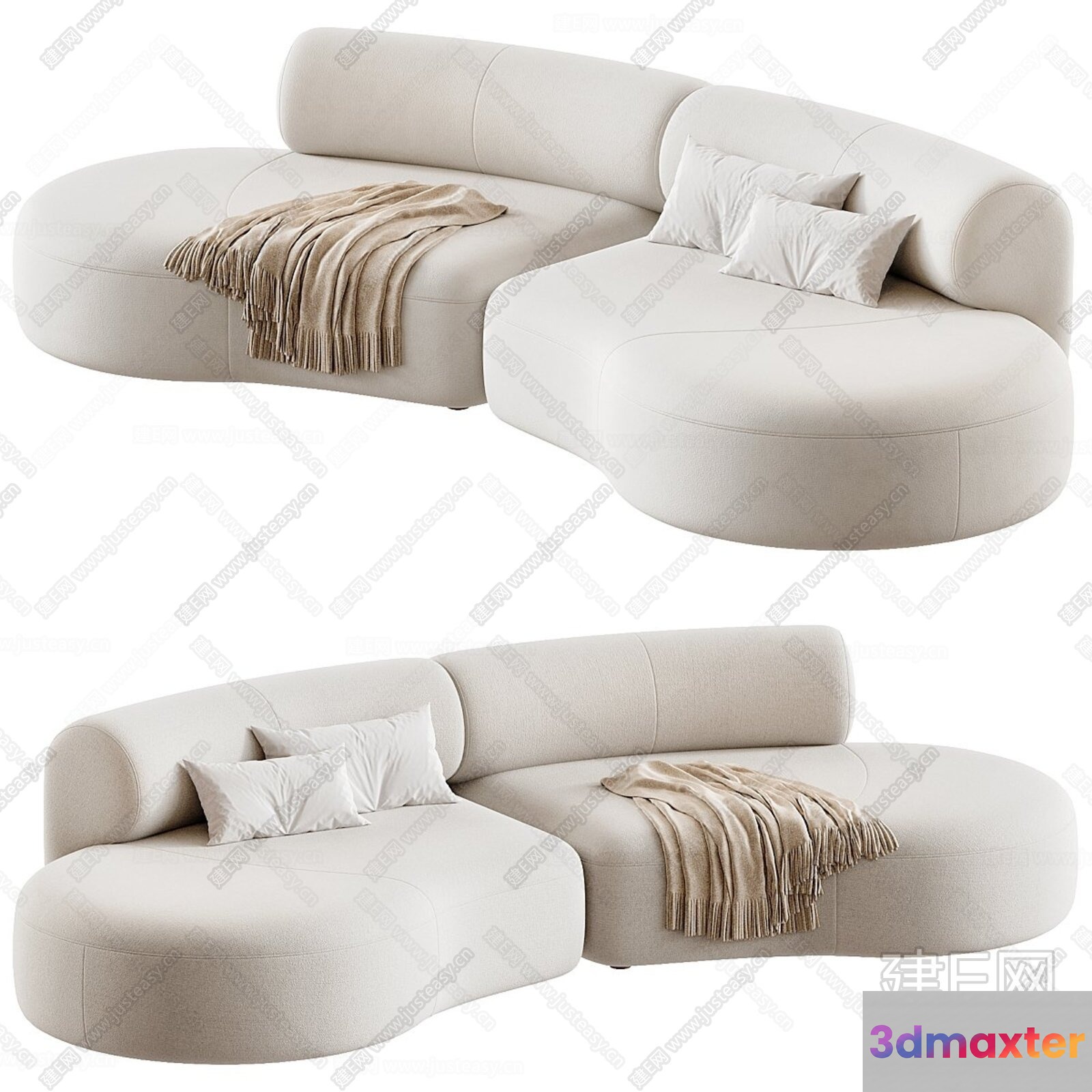 A White Couch With Pillows And A Throw Blanket 3D Model - 15844 - CORONA Render
