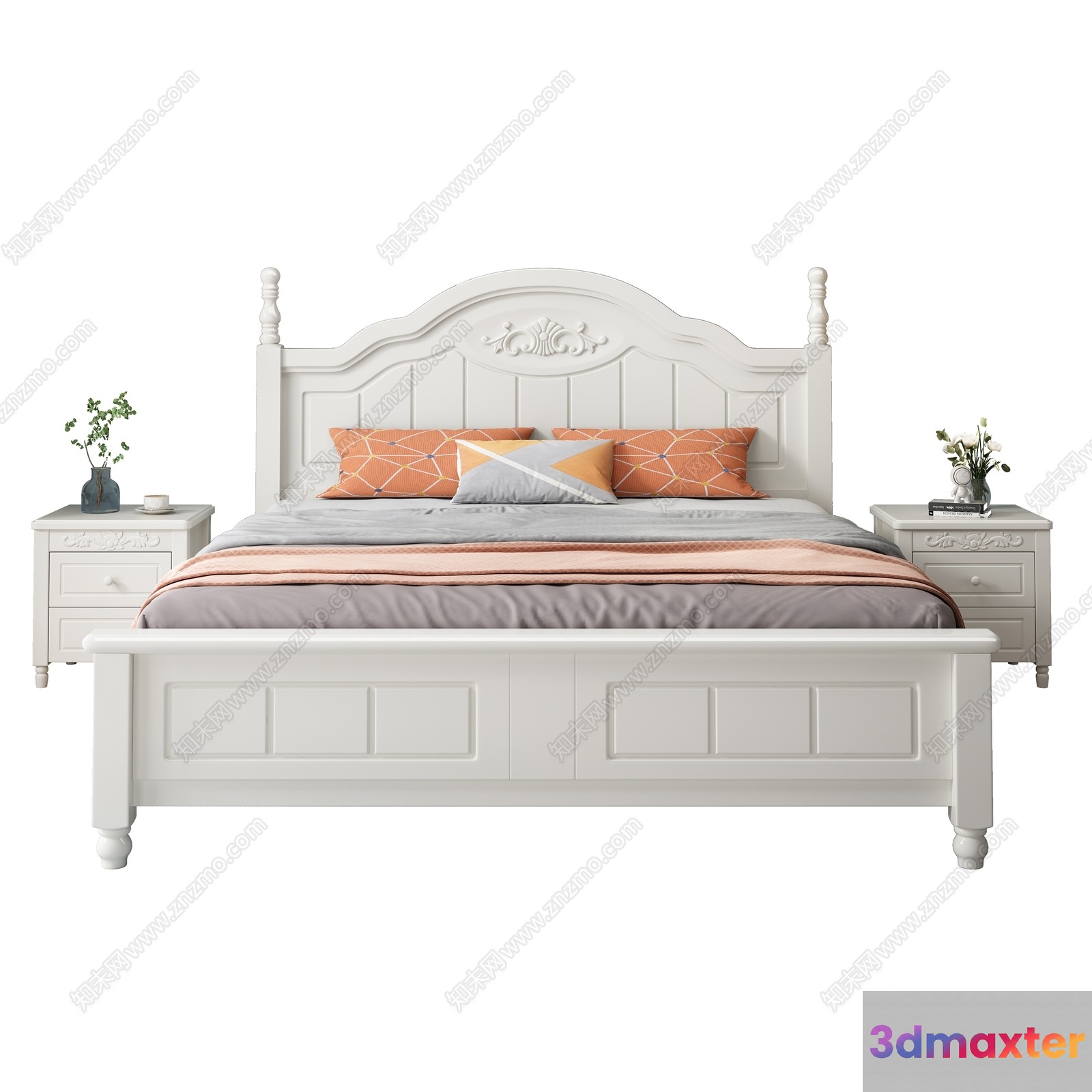 A White Bed With A Carved Headboard 3D Model - 18318 - VRAY Render