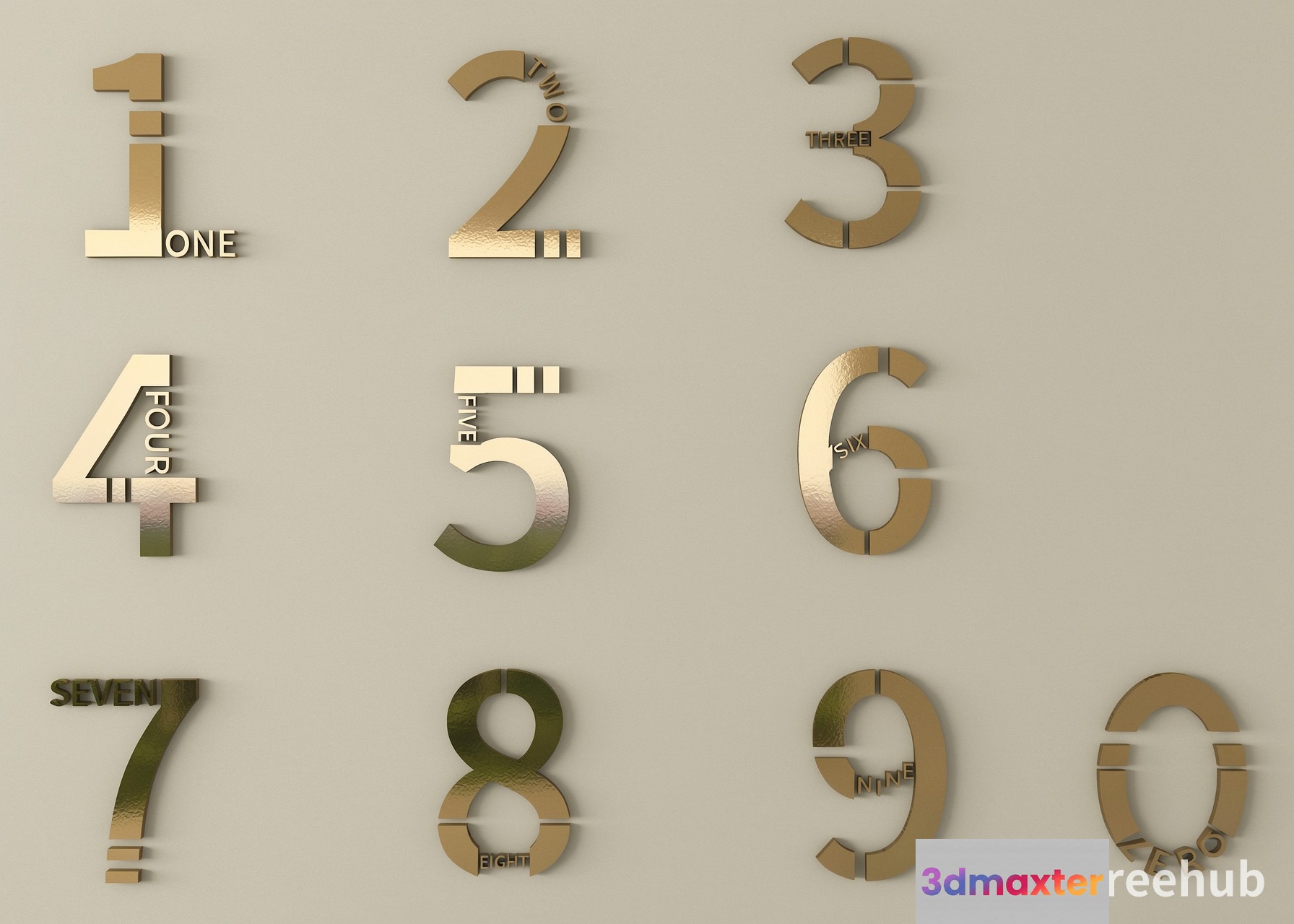 Gold Numbers On A Gray Background 3D Model - 21988 - VRAY Render