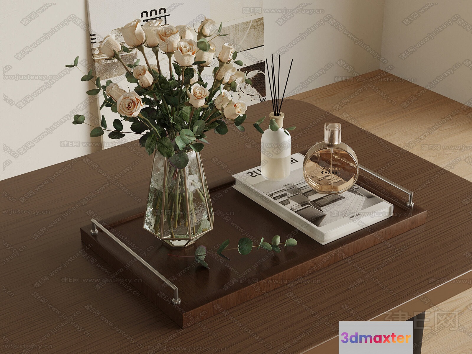 A Tray With A Vase Of Flowers 3D Model - 11782 - VRAY Render
