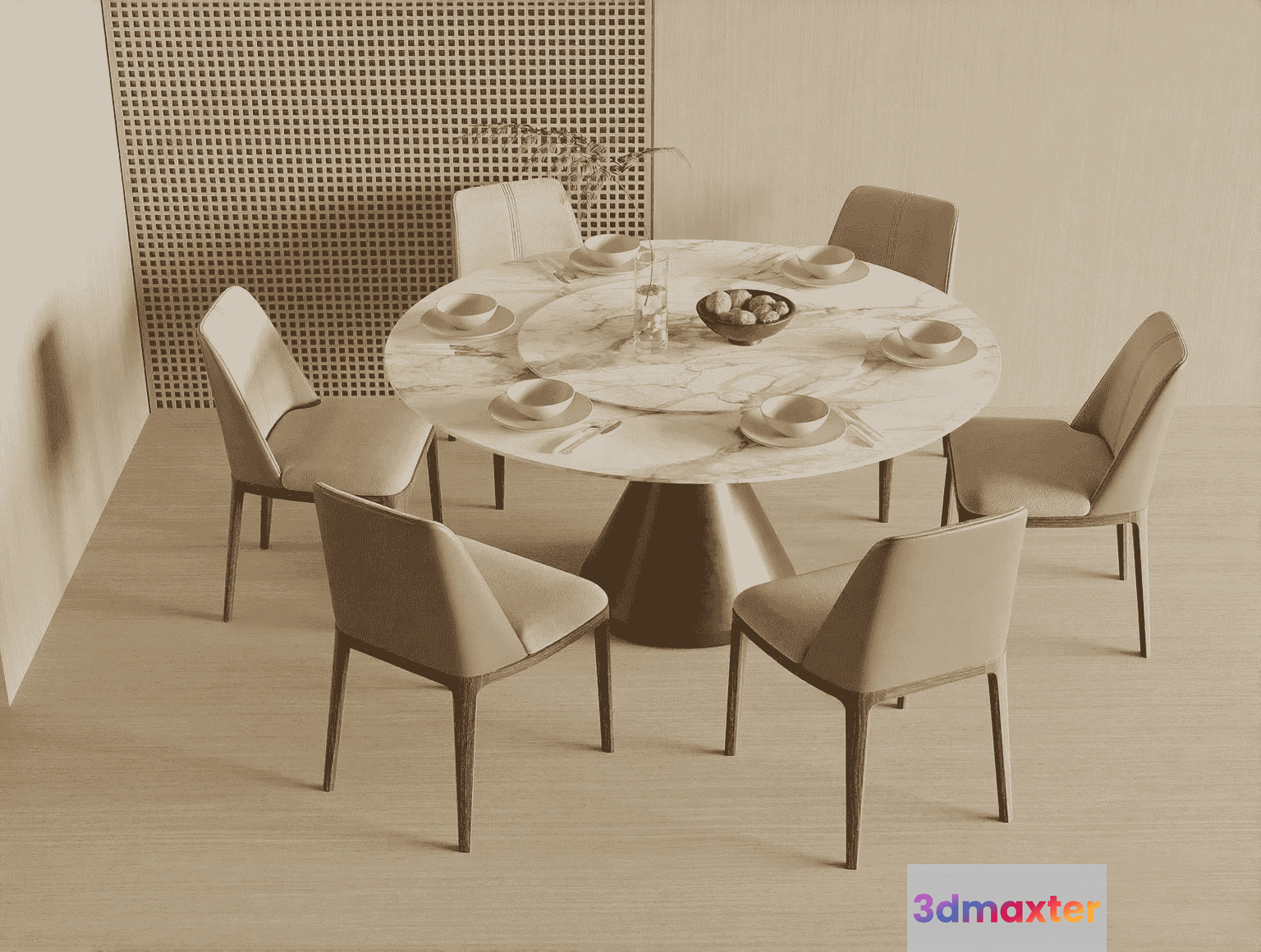 Round Dining Table With Eight Chairs 3D Model - 10948 - VRAY Render