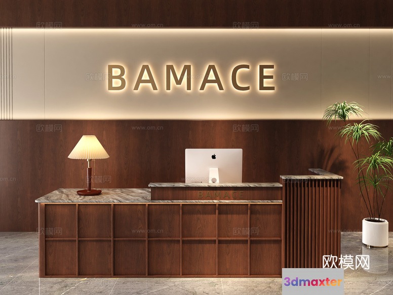 The Main Subject Is A Modern Office Reception Desk With A Computer And Lamp On 3D Model - 13003 - VRAY Render