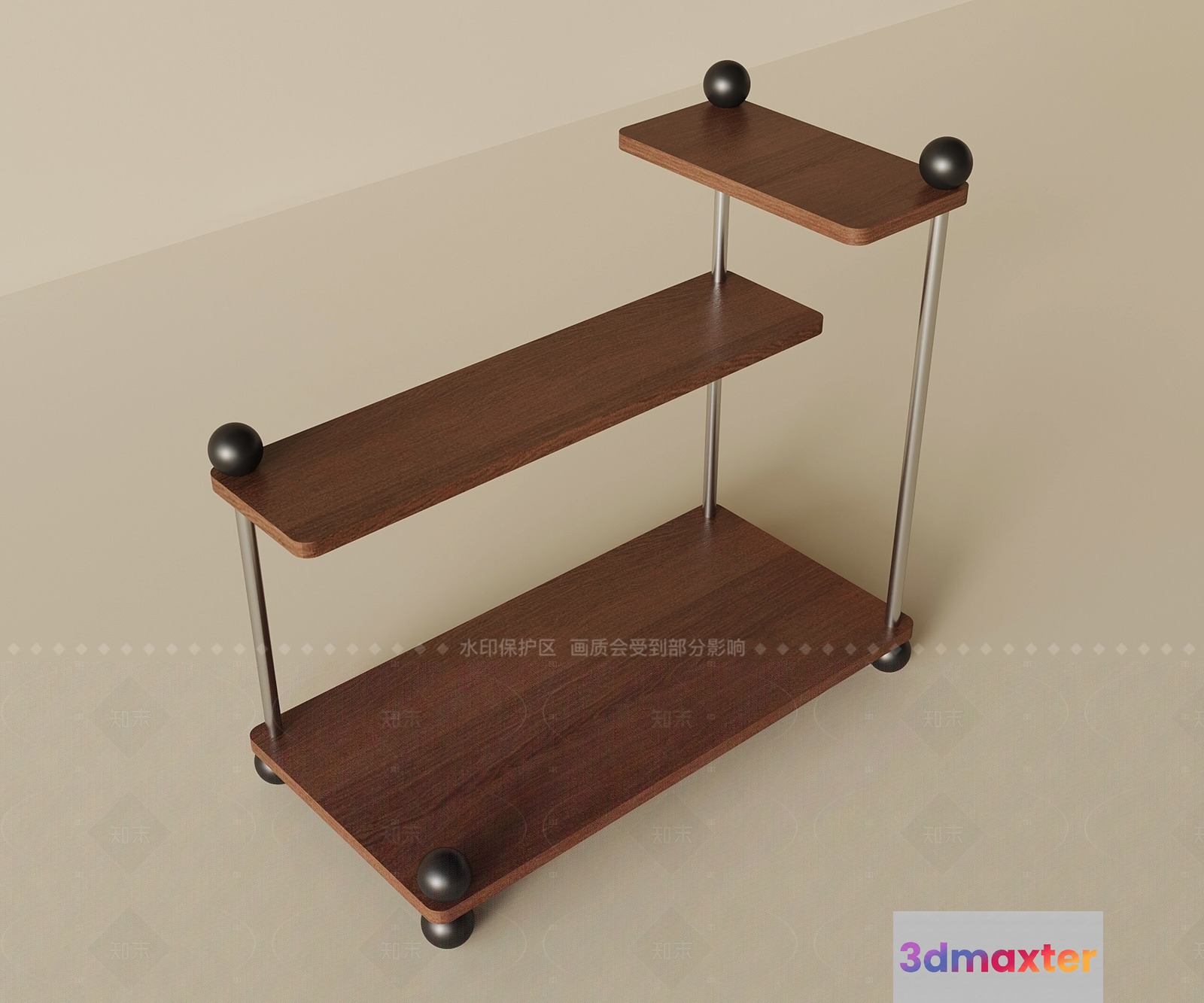 A Three-Tiered Shelf With Dark Wood And Metal Accents 3D Model - 10927 - VRAY Render