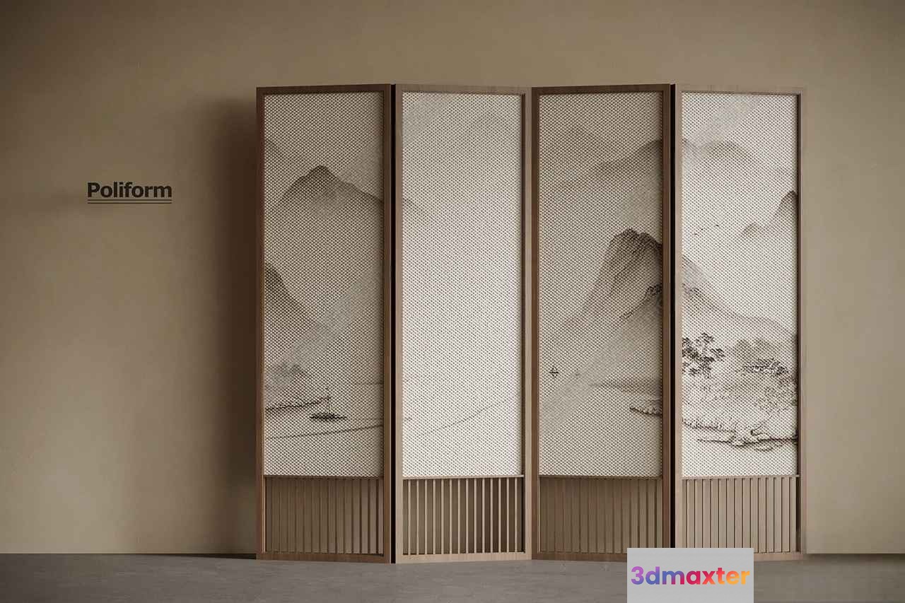 A Four-Panel Room Divider 3D Model - 12971 - VRAY Render