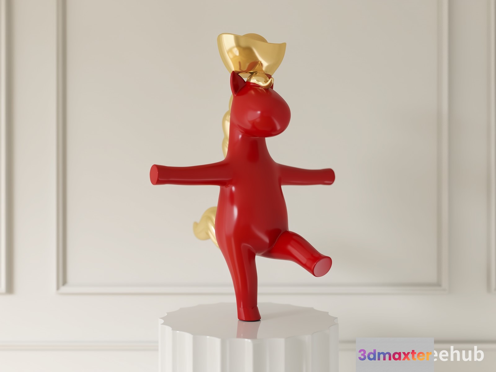 A 3D Model Of A Red Unicorn With A Gold Horn And Tail 3D Model - 19710 - VRAY Render