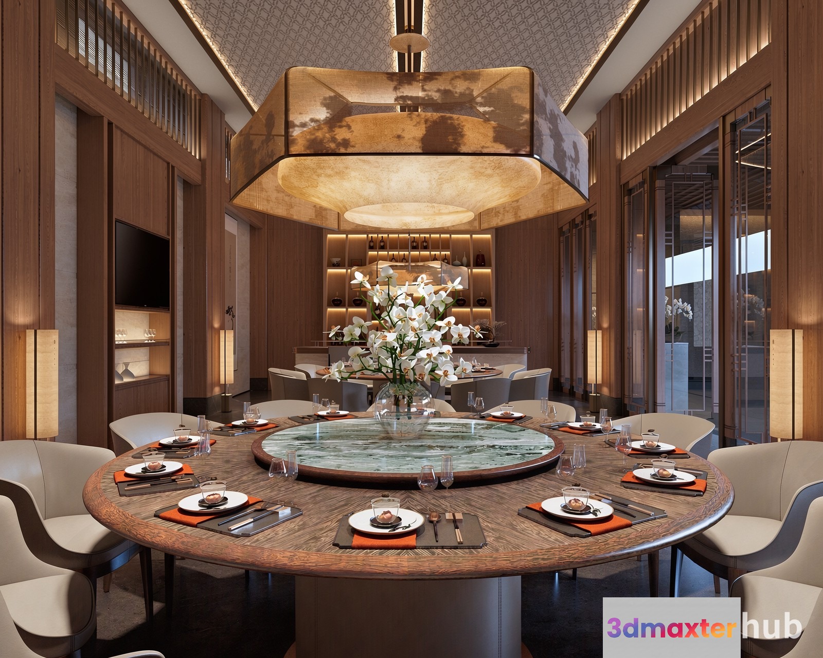 A Dining Room With A Large Table 3D Model - 19148 - VRAY Render